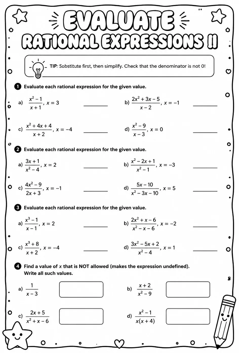 Evaluate rational expressions II — free printable Algebra 2 math worksheet