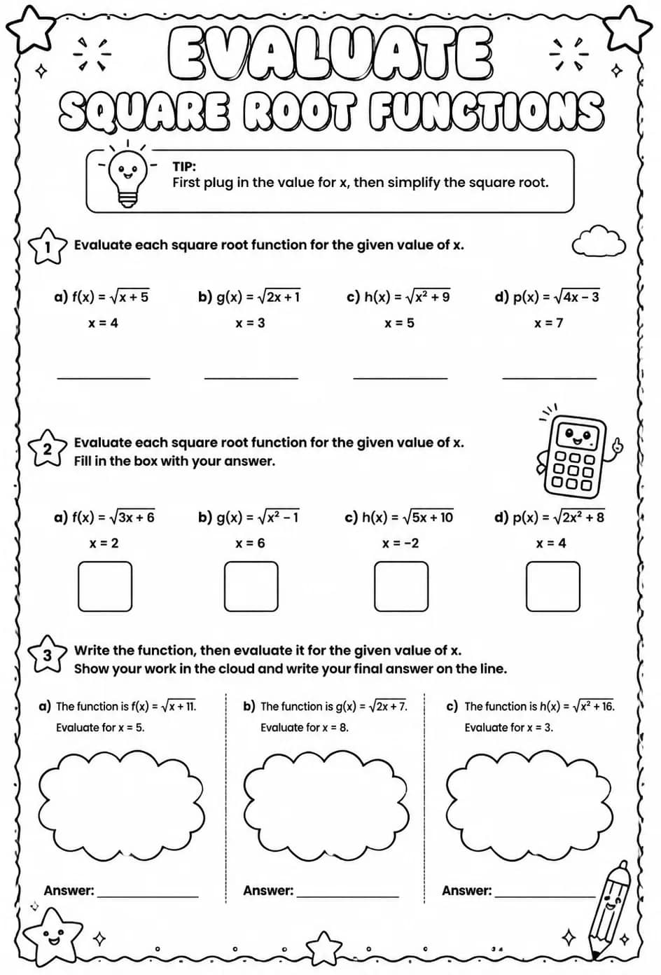 Evaluate square root functions — free printable Algebra 1 math worksheet