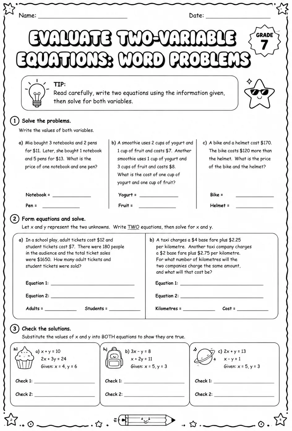 Evaluate two-variable equations: word problems — free printable Grade 7 math worksheet
