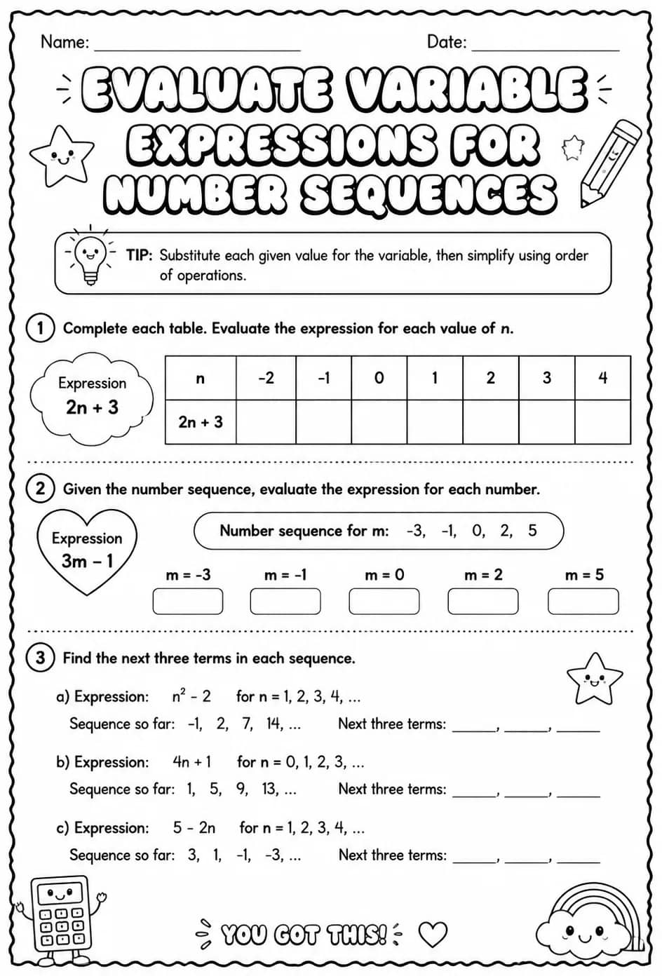Evaluate variable expressions for number sequences — free printable Algebra 1 math worksheet