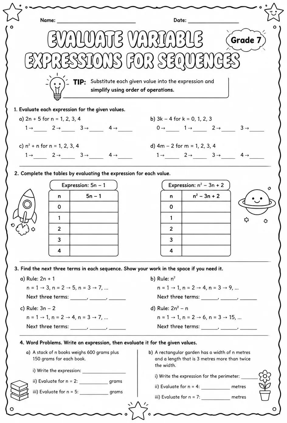 Evaluate variable expressions for sequences — free printable Grade 7 math worksheet