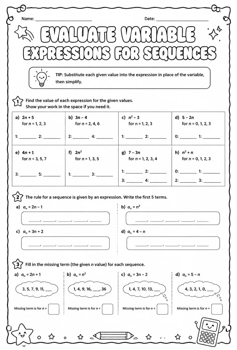 Evaluate variable expressions for sequences — free printable Grade 8 math worksheet