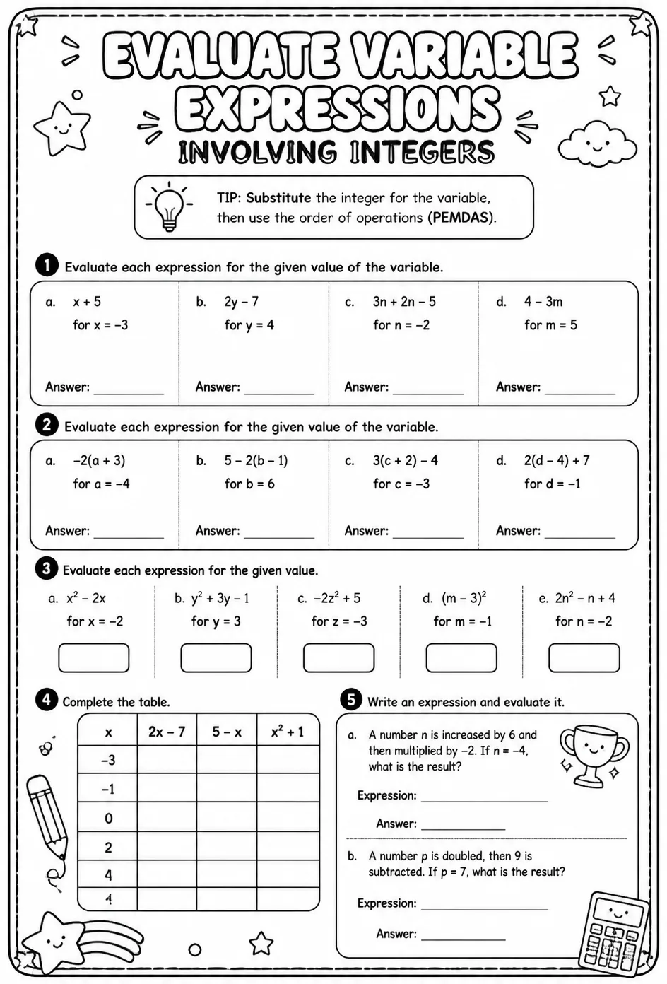 Evaluate variable expressions involving integers — free printable Algebra 1 math worksheet
