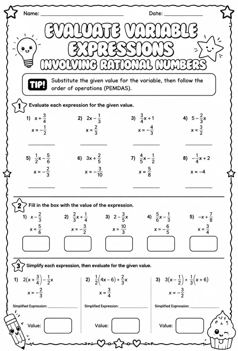 Evaluate variable expressions involving rational numbers — free printable Algebra 1 math worksheet