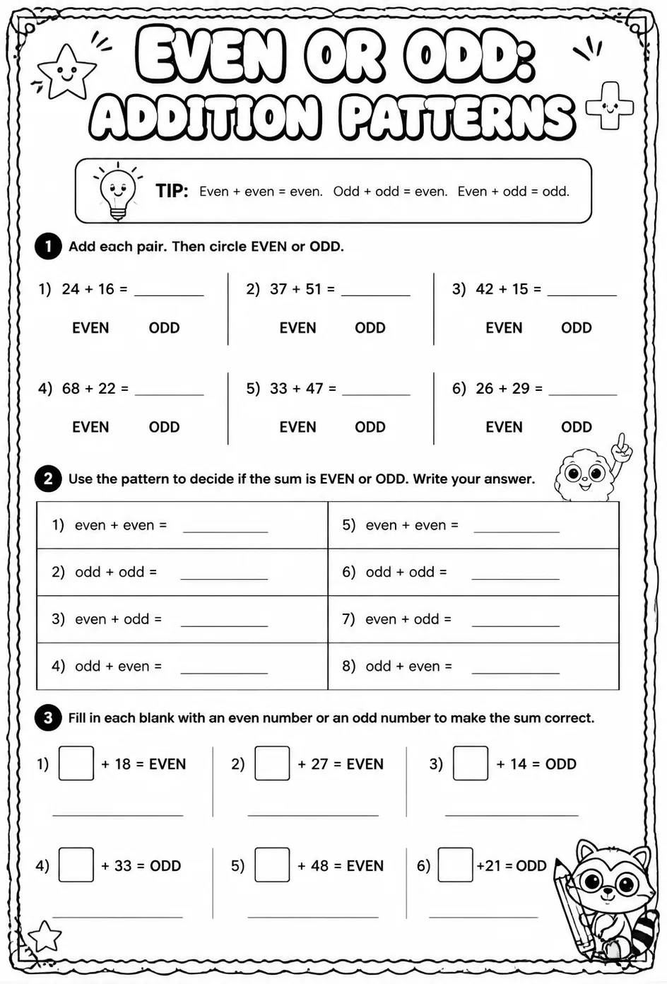 Even or odd: addition patterns — free printable Grade 3 math worksheet