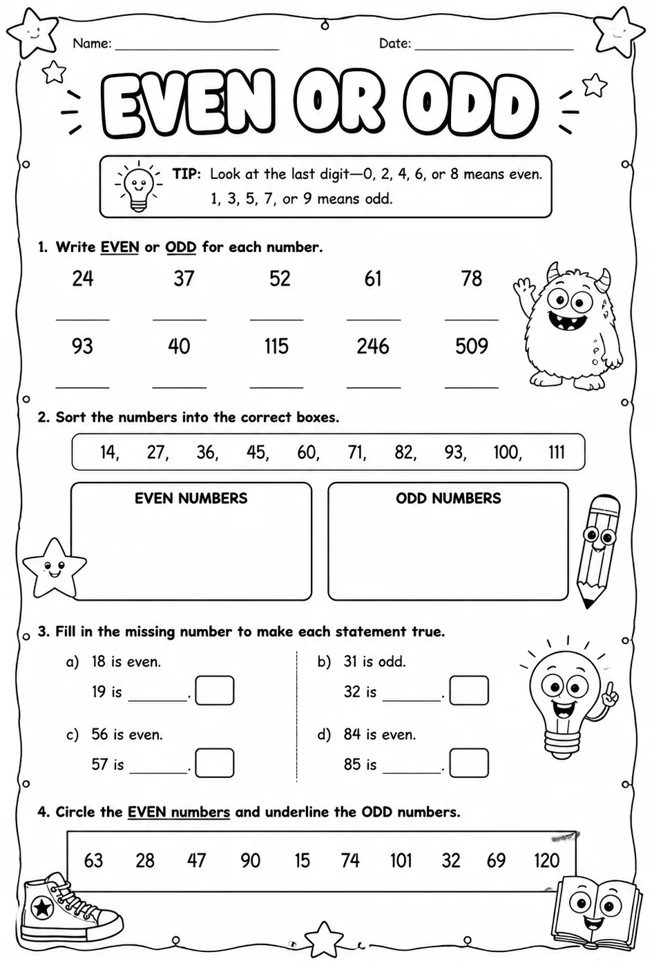 Even or odd — free printable Grade 3 math worksheet