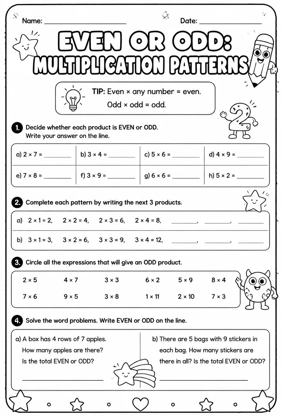 Even or odd: multiplication patterns — free printable Grade 3 math worksheet