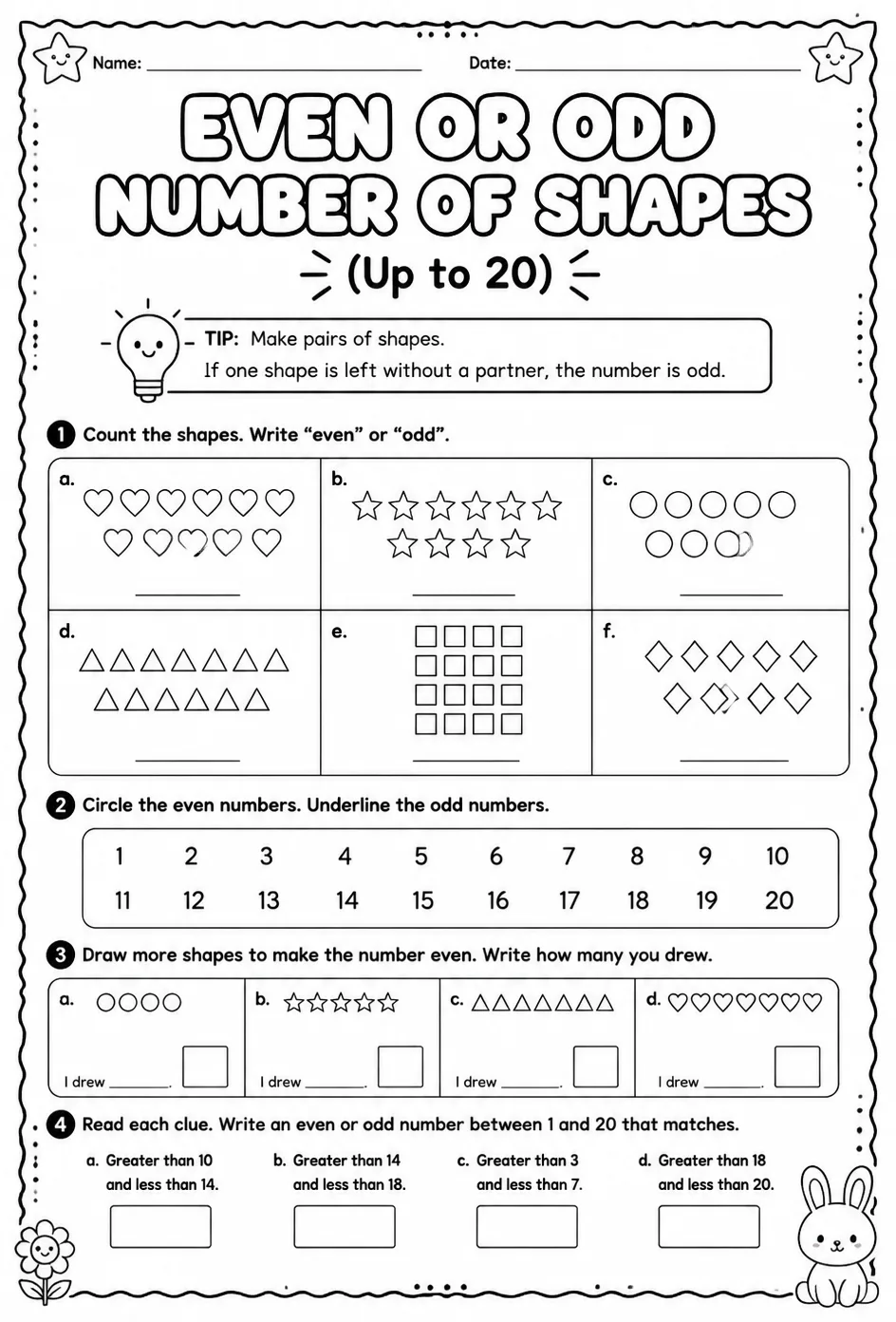 Even or odd number of shapes - up to 20 — free printable Grade 2 math worksheet