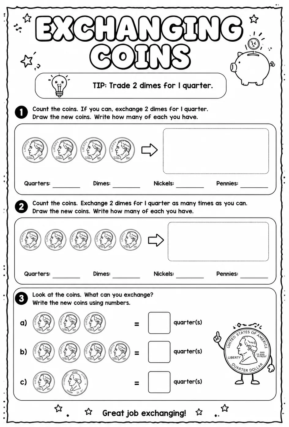 Exchanging coins — free printable Grade 1 math worksheet
