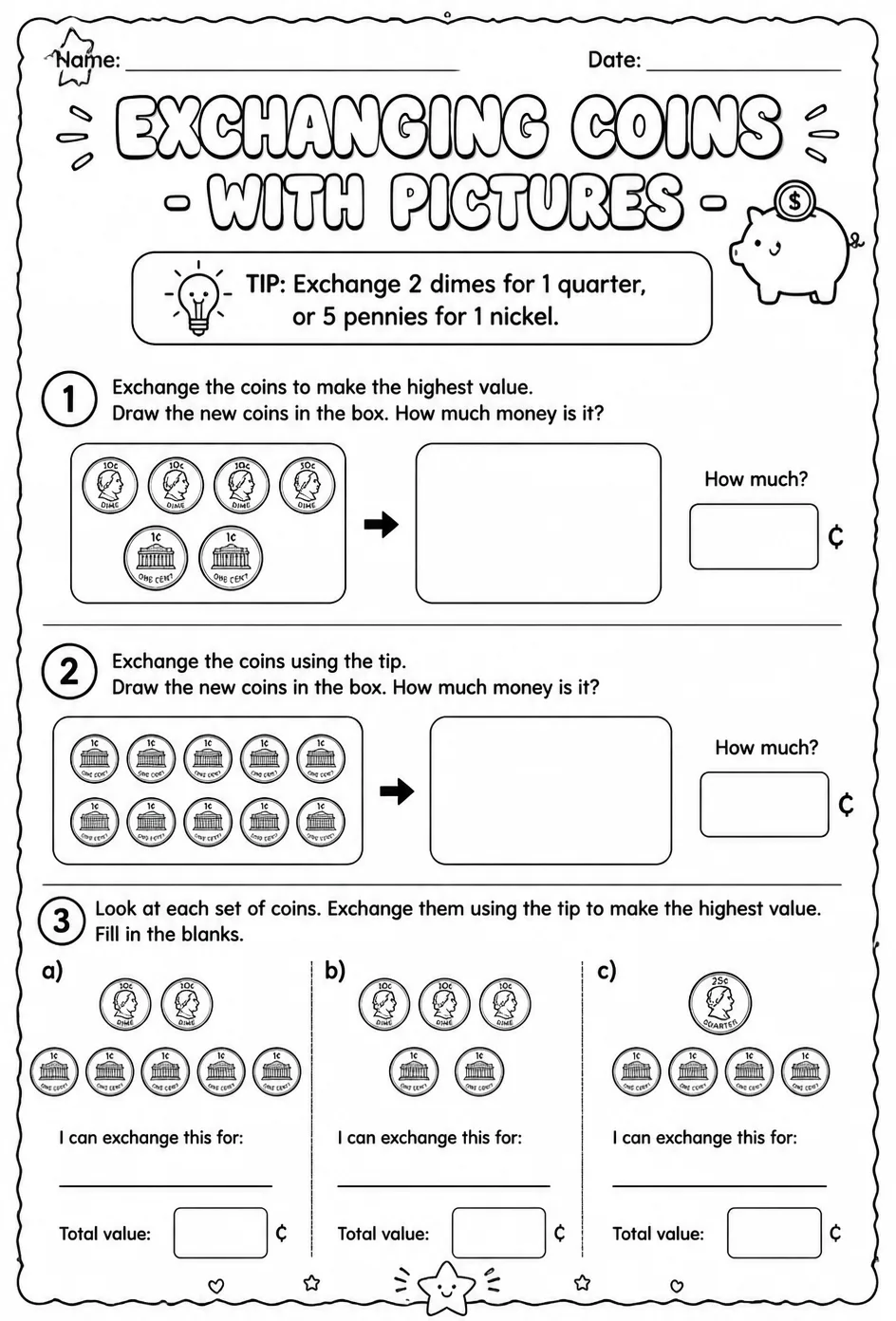 Exchanging coins - with pictures — free printable Grade 1 math worksheet