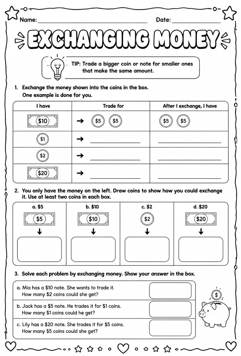 Exchanging money — free printable Grade 2 math worksheet