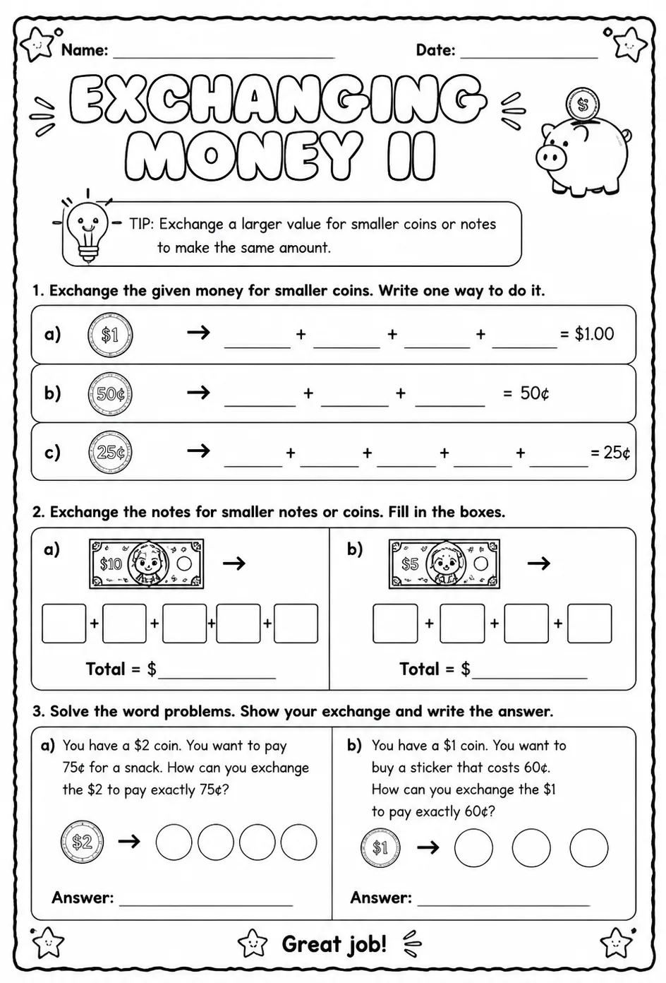 Exchanging money II — free printable Grade 2 math worksheet
