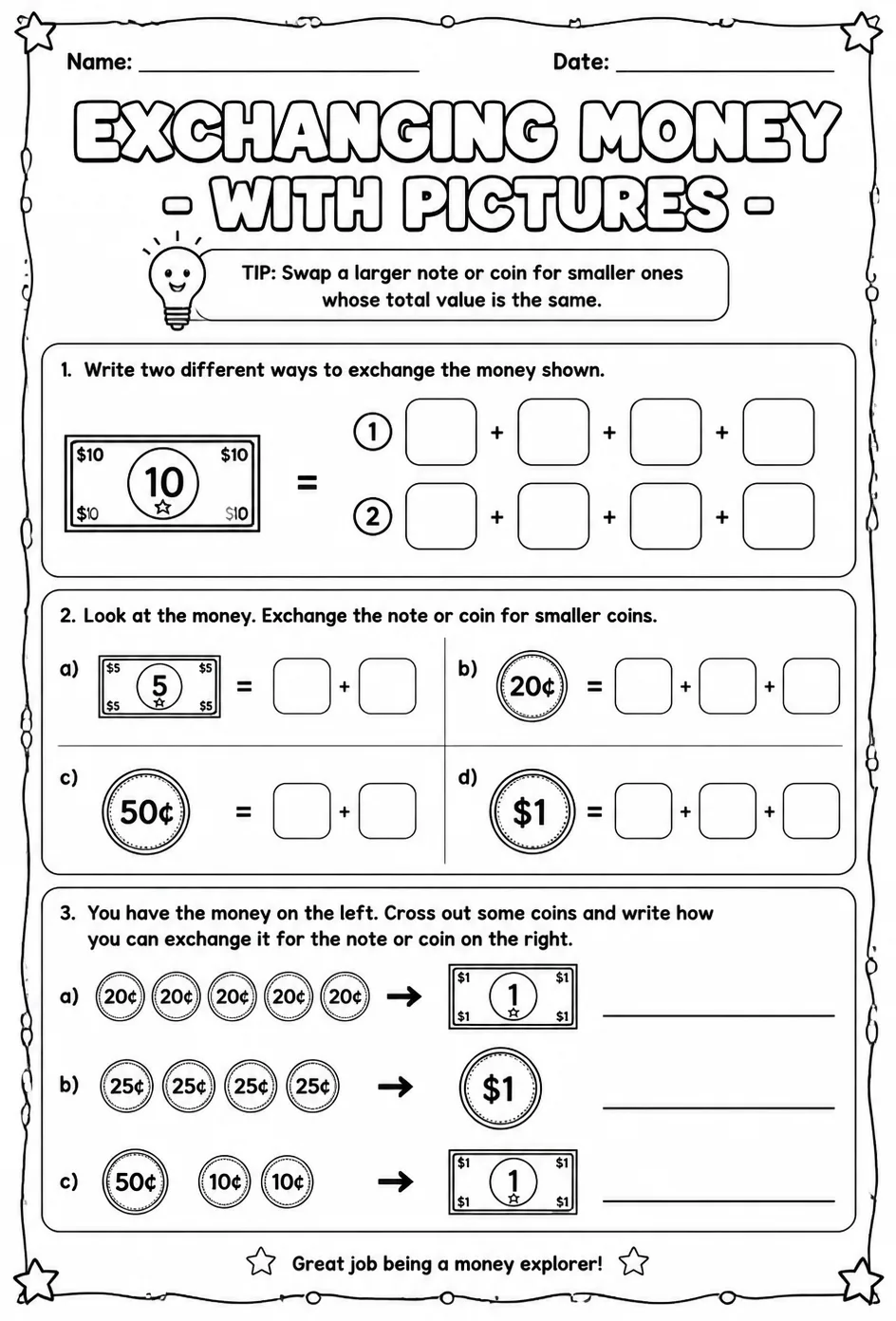 Exchanging money - with pictures — free printable Grade 2 math worksheet