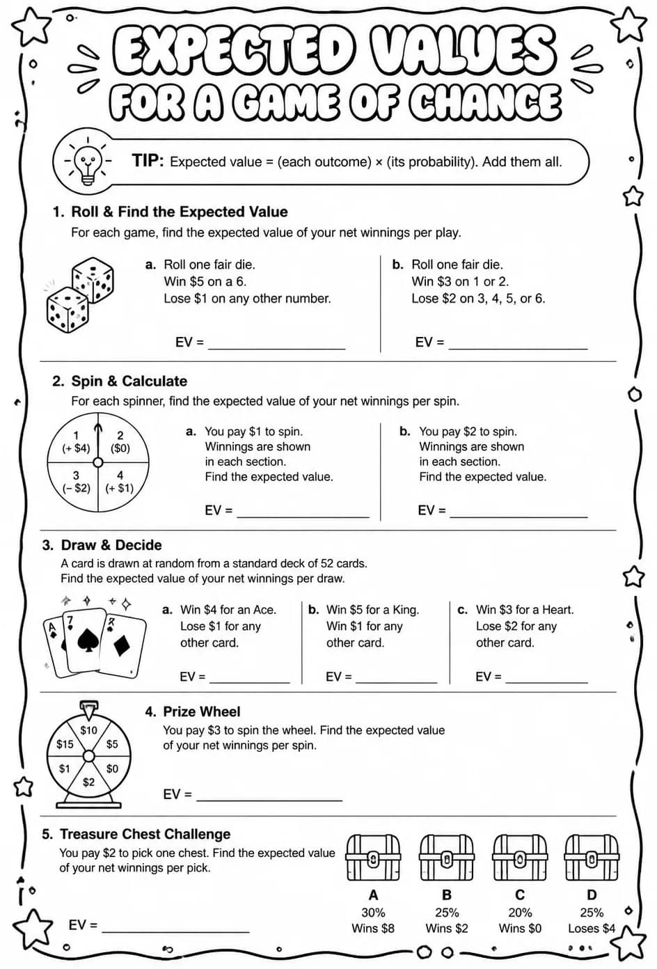 Expected values for a game of chance — free printable Algebra 2 math worksheet