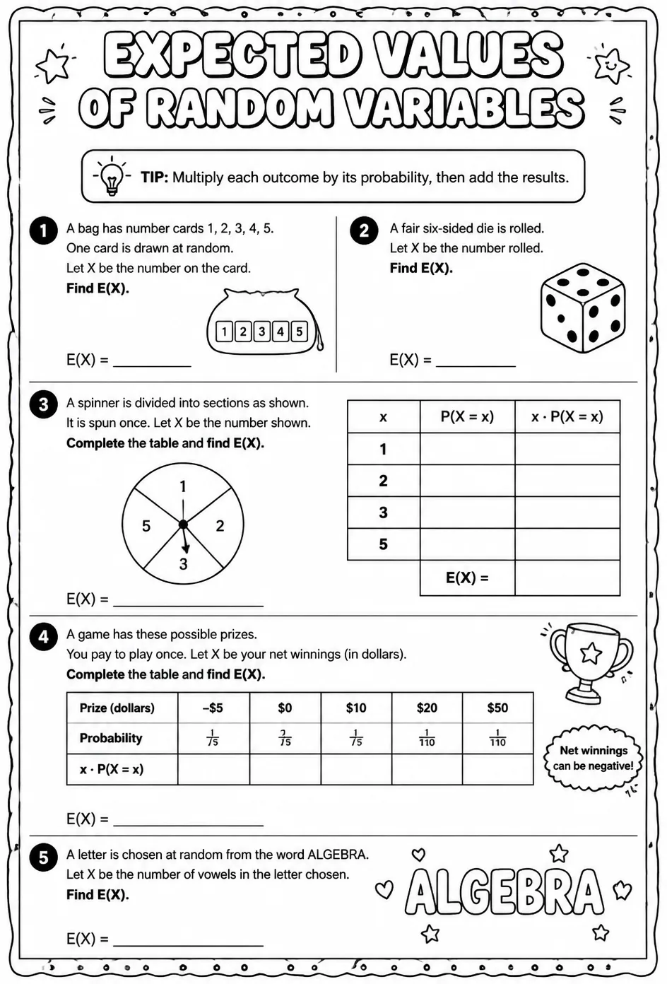 Expected values of random variables — free printable Algebra 2 math worksheet