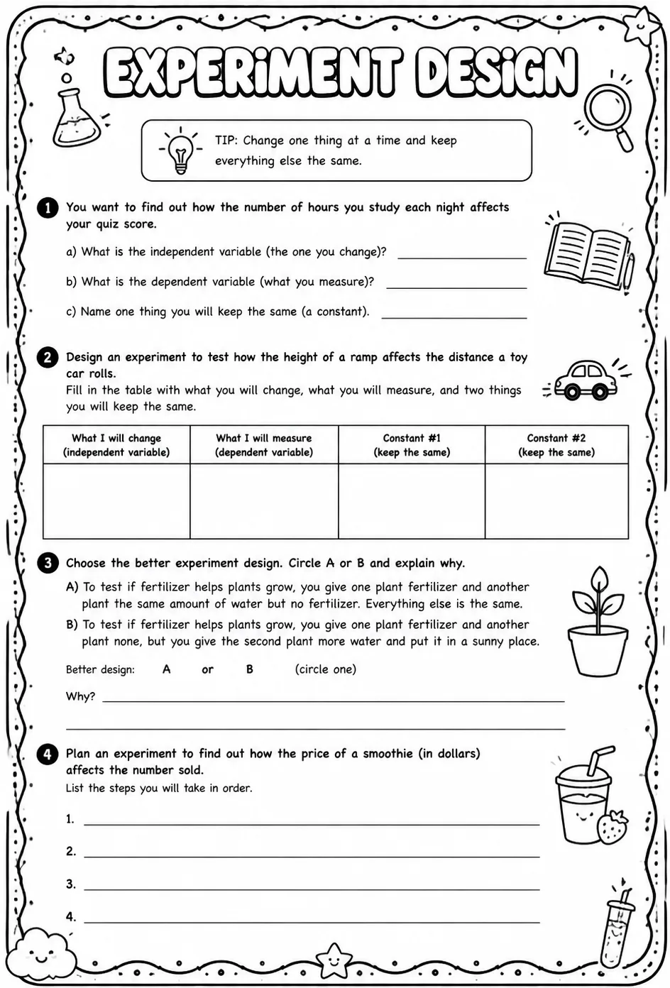 Experiment design — free printable Algebra 2 math worksheet