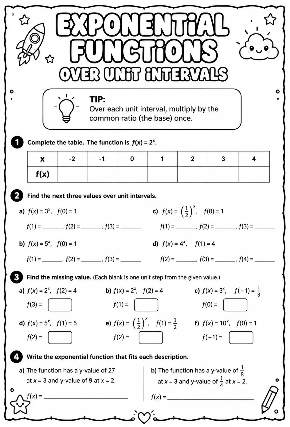 Exponential functions over unit intervals — free printable Algebra 1 math worksheet