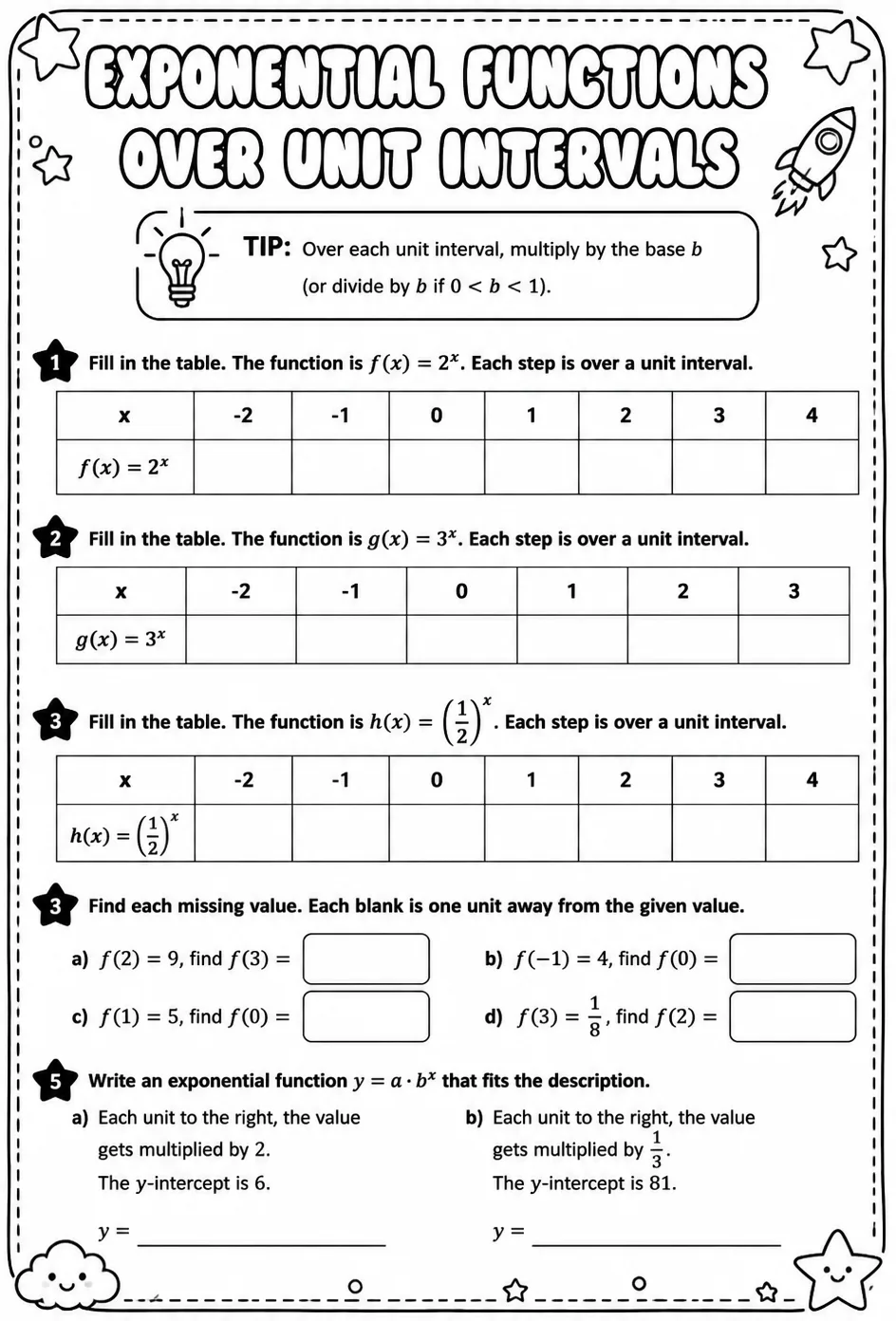 Exponential functions over unit intervals — free printable Algebra 2 math worksheet