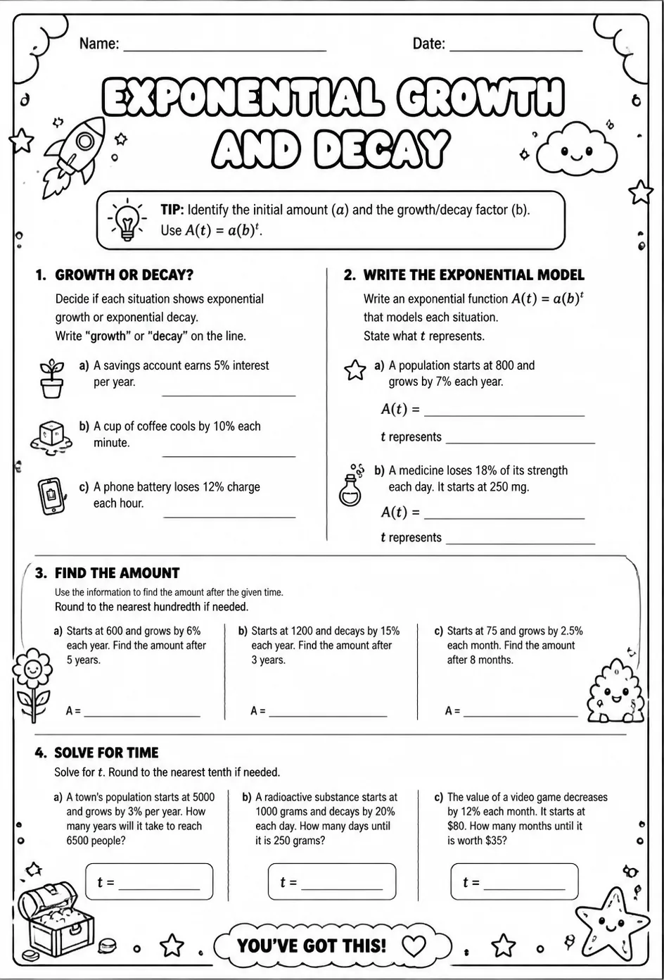 Exponential growth and decay — free printable Algebra 1 math worksheet