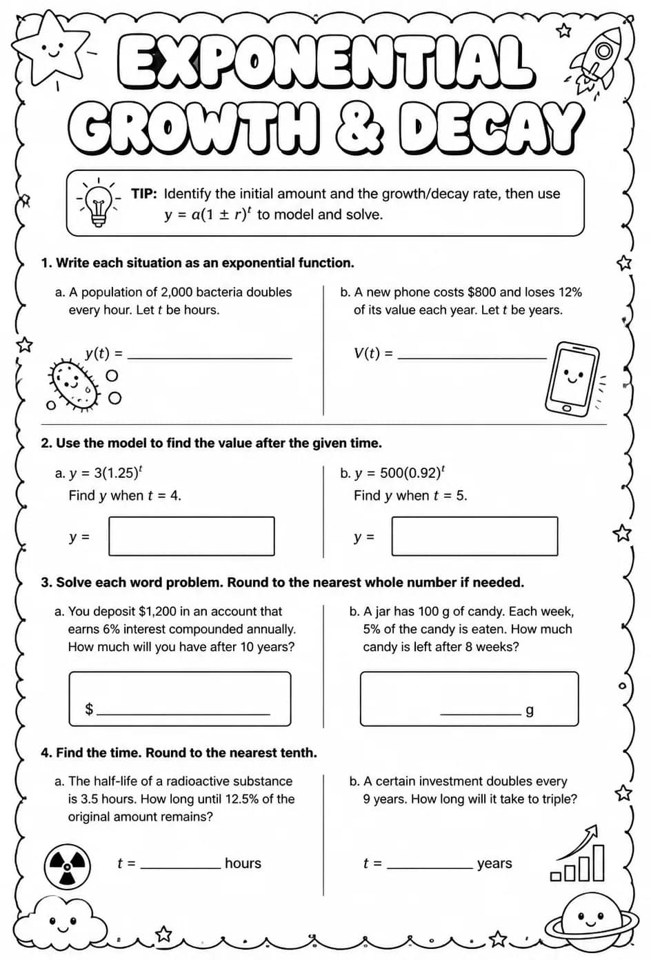 Exponential growth and decay — free printable Algebra 2 math worksheet