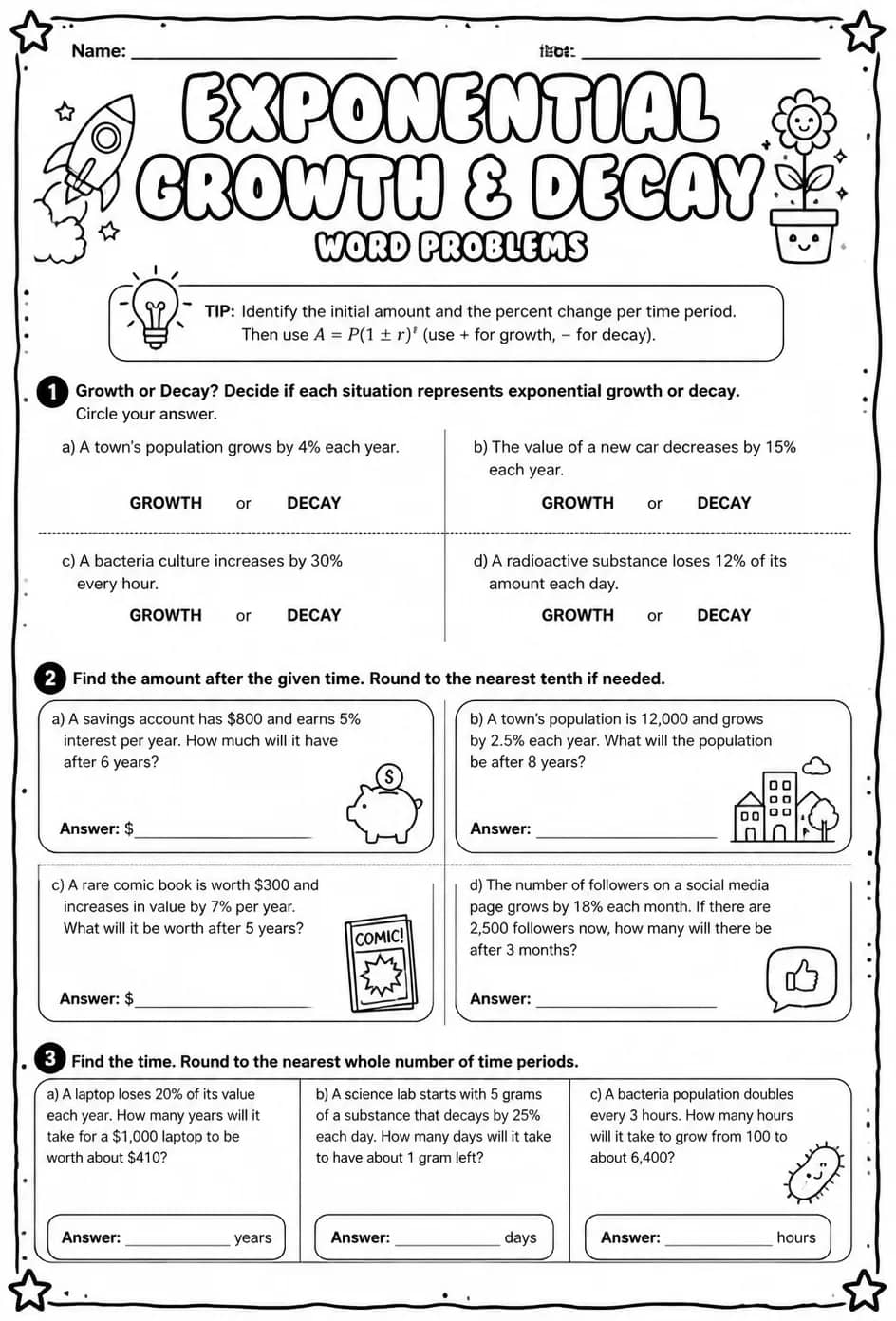 Exponential growth and decay: word problems — free printable Algebra 1 math worksheet