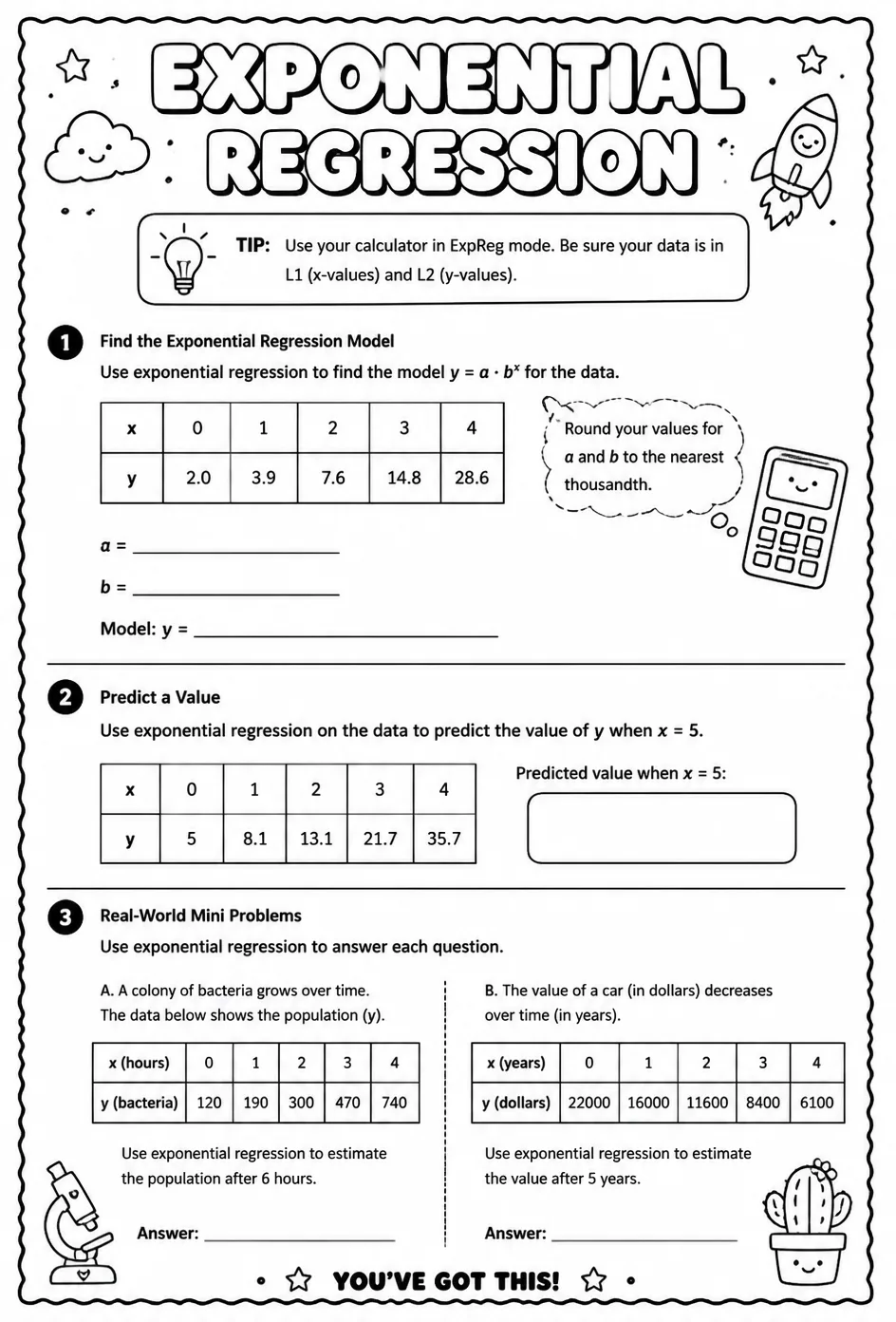 Exponential regression — free printable Algebra 1 math worksheet