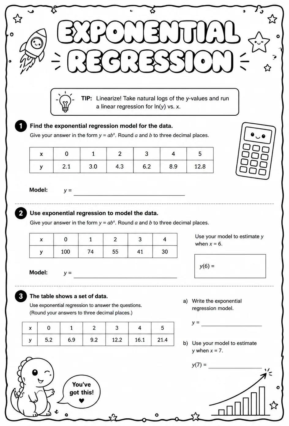 Exponential regression — free printable Algebra 2 math worksheet
