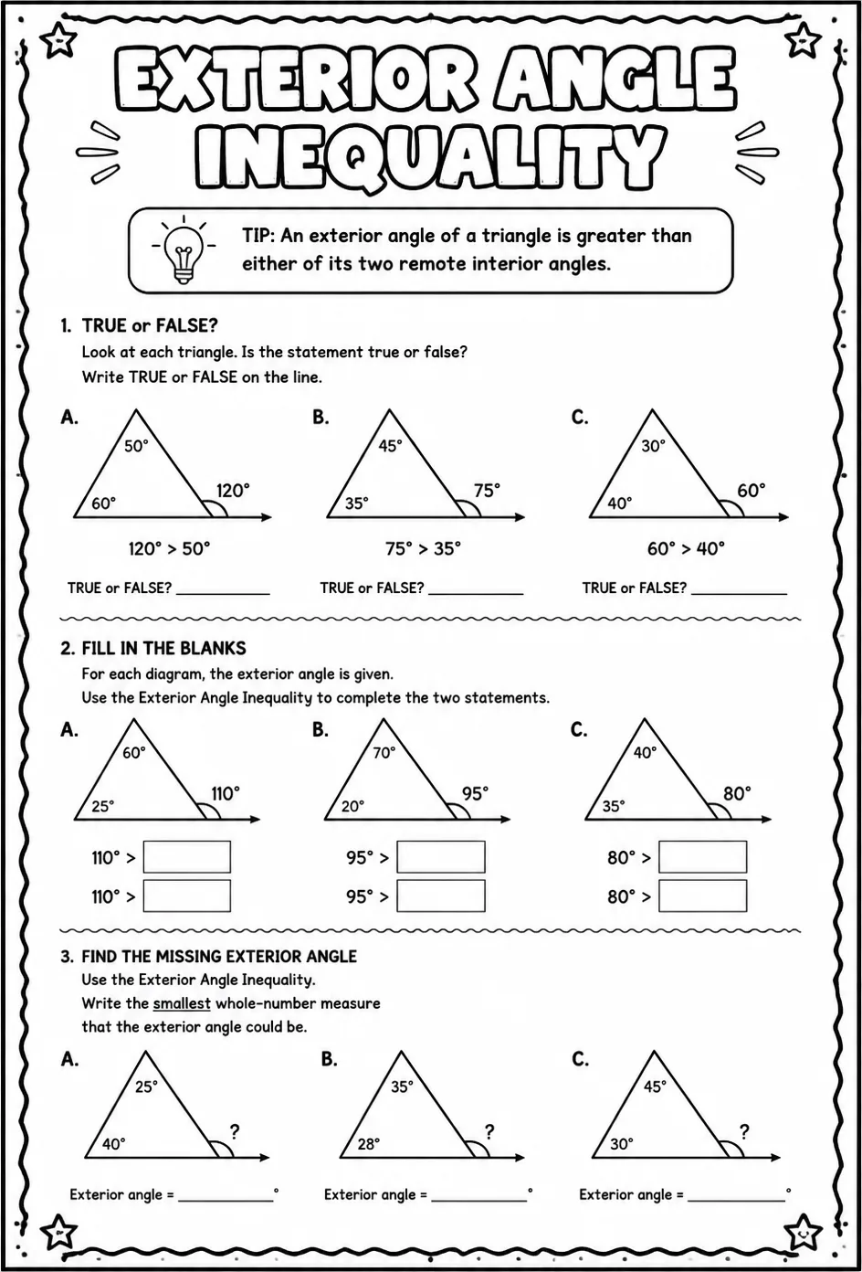Exterior Angle Inequality — free printable Geometry math worksheet