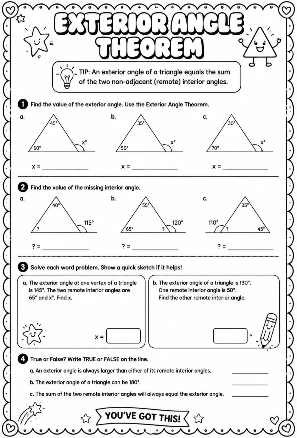 Exterior Angle Theorem — free printable Geometry math worksheet
