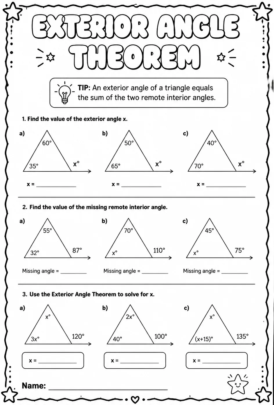 Exterior Angle Theorem — free printable Grade 8 math worksheet