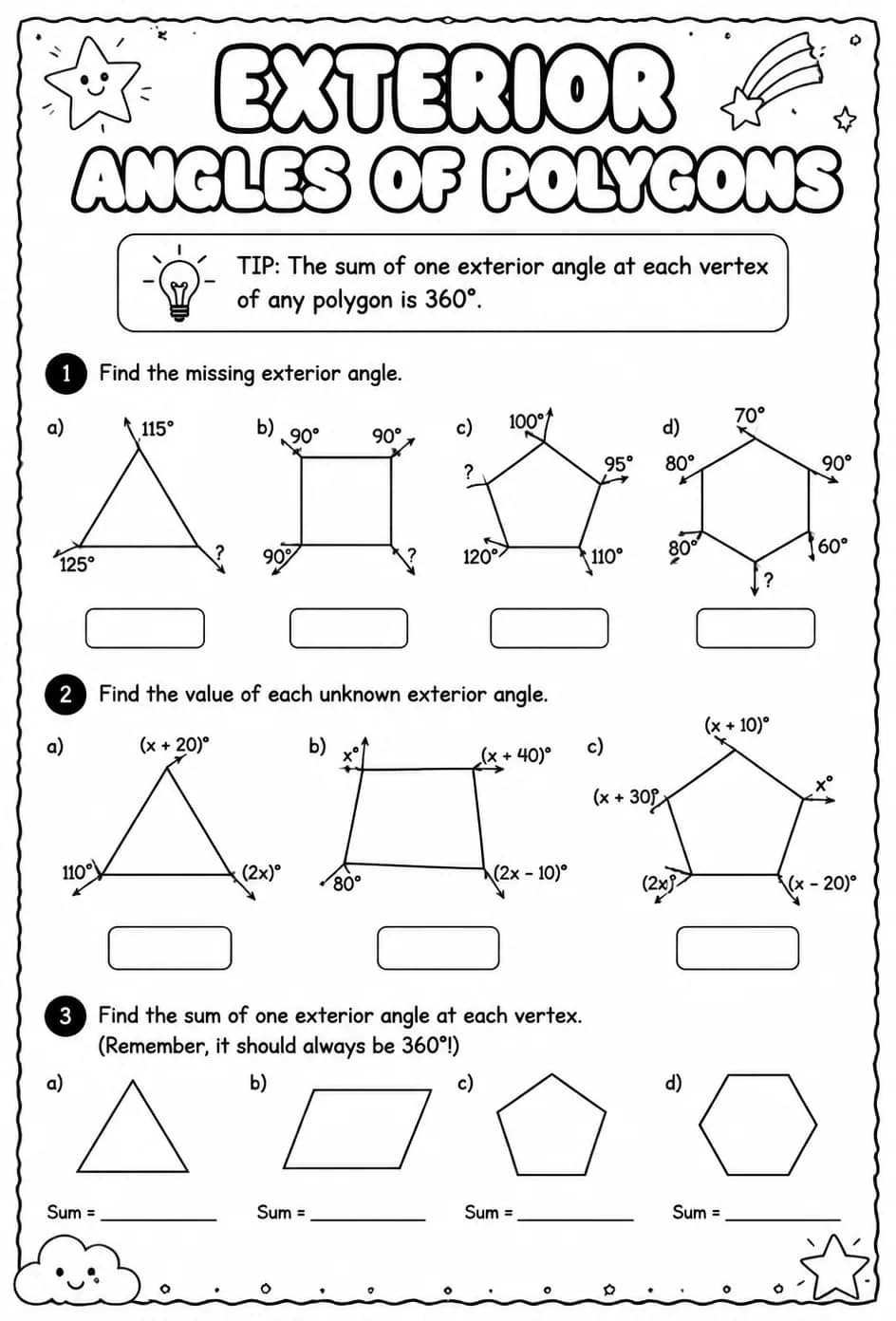 Exterior angles of polygons — free printable Geometry math worksheet