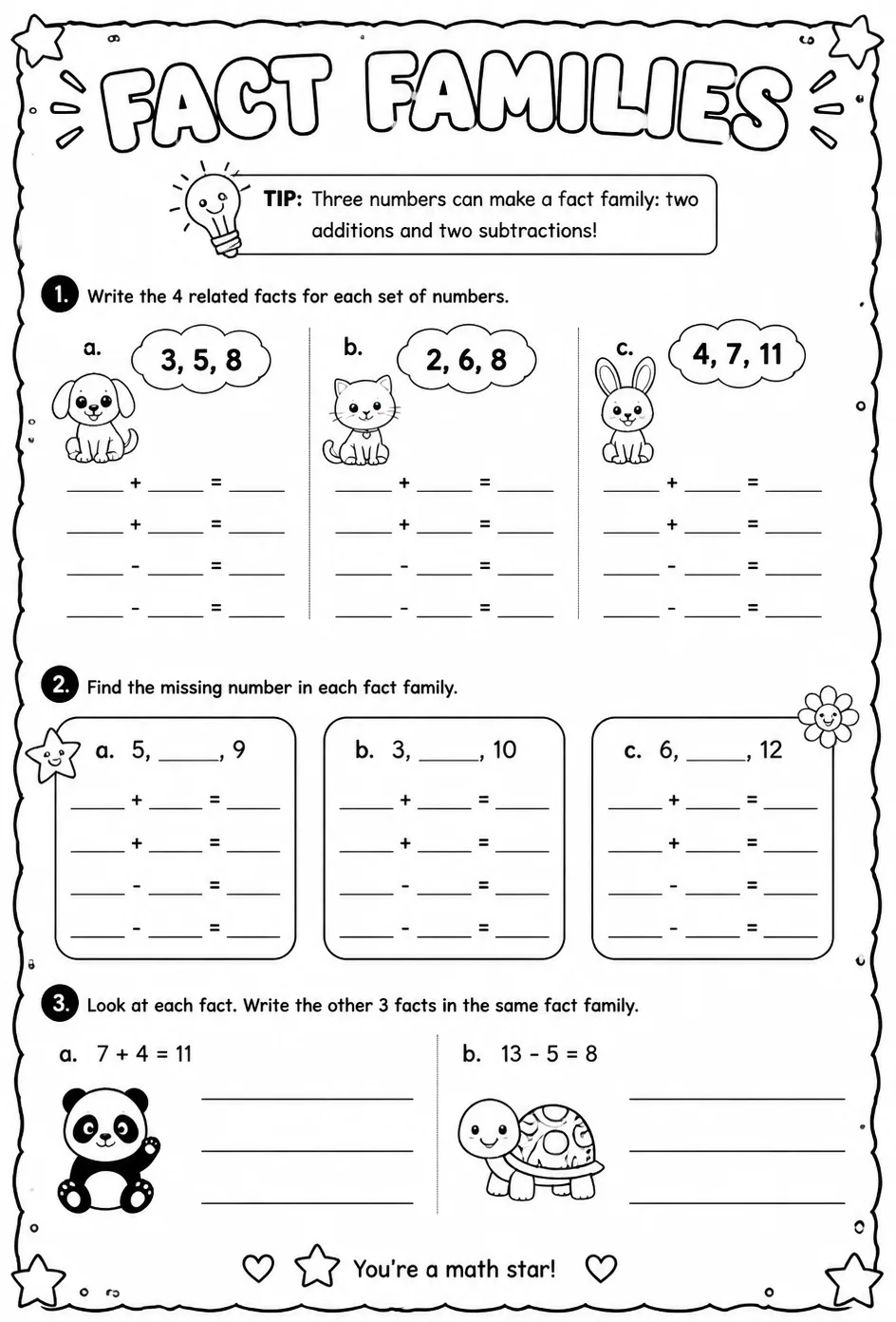 Fact families — free printable Grade 2 math worksheet