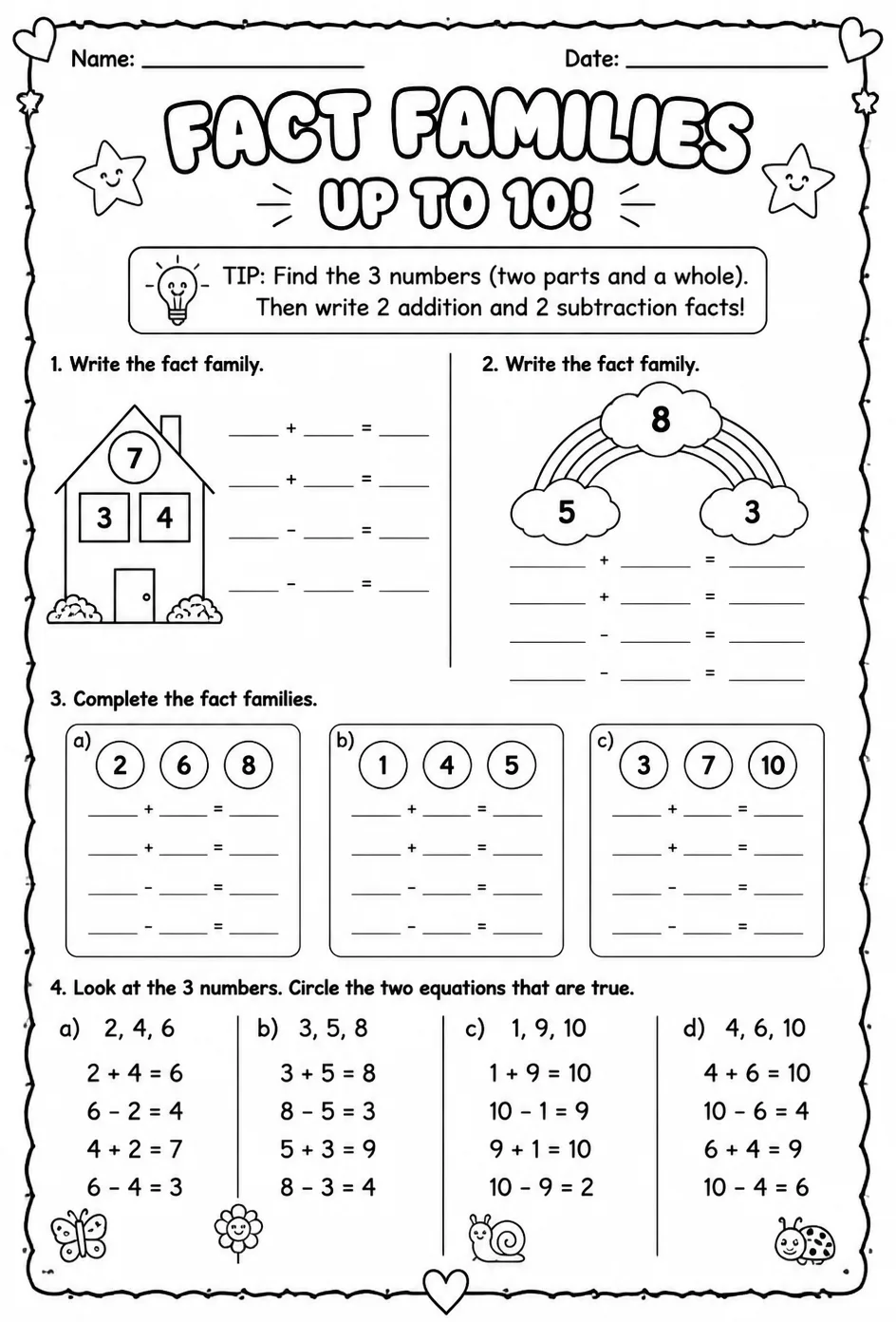 Fact families - up to 10 — free printable Grade 1 math worksheet