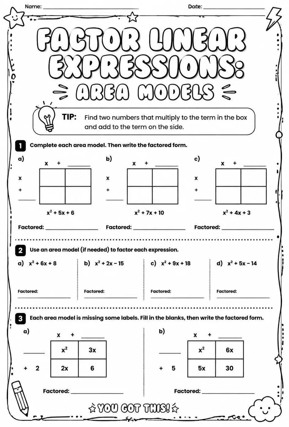 Factor linear expressions: area models — free printable Grade 7 math worksheet