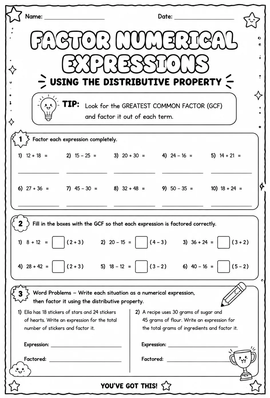 Factor numerical expressions using the distributive property — free printable Grade 6 math worksheet