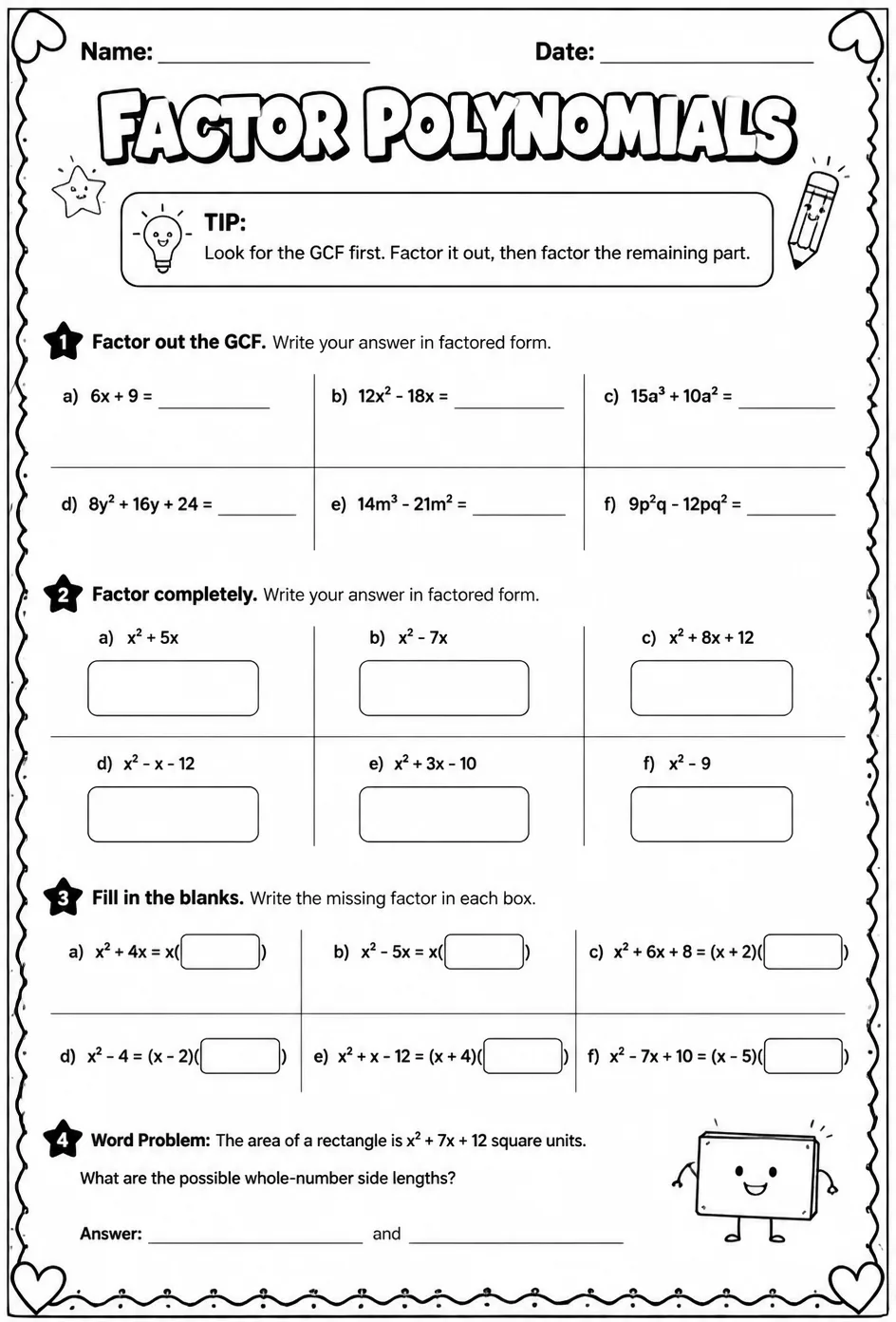Factor polynomials — free printable Algebra 1 math worksheet