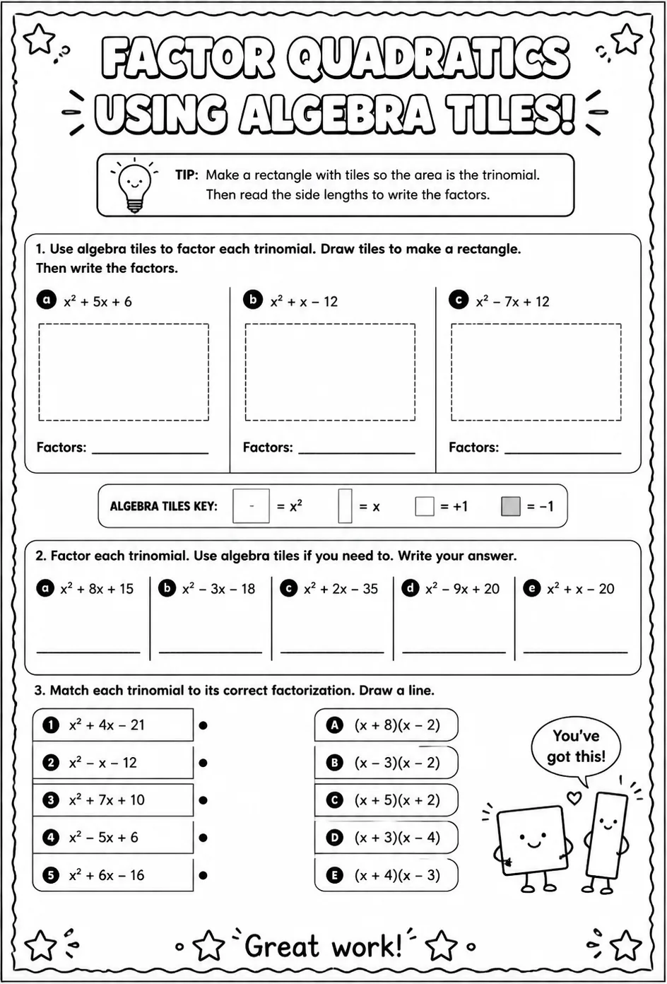 Factor quadratics using algebra tiles — free printable Algebra 2 math worksheet