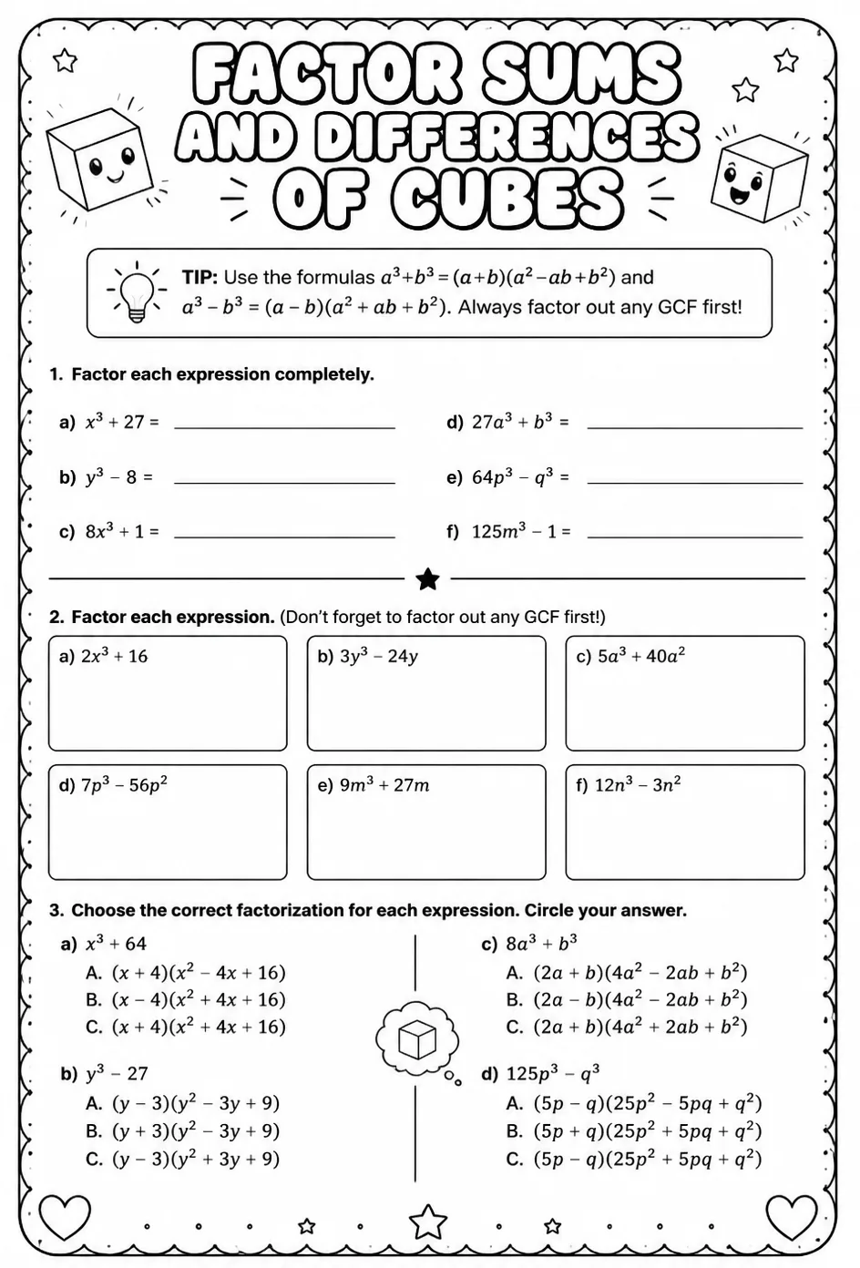 Factor sums and differences of cubes — free printable Algebra 2 math worksheet