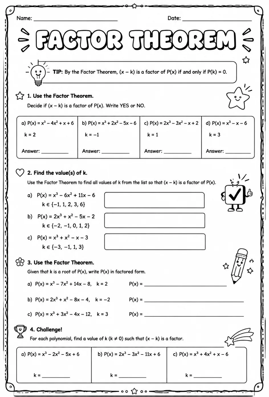 Factor theorem — free printable Algebra 2 math worksheet