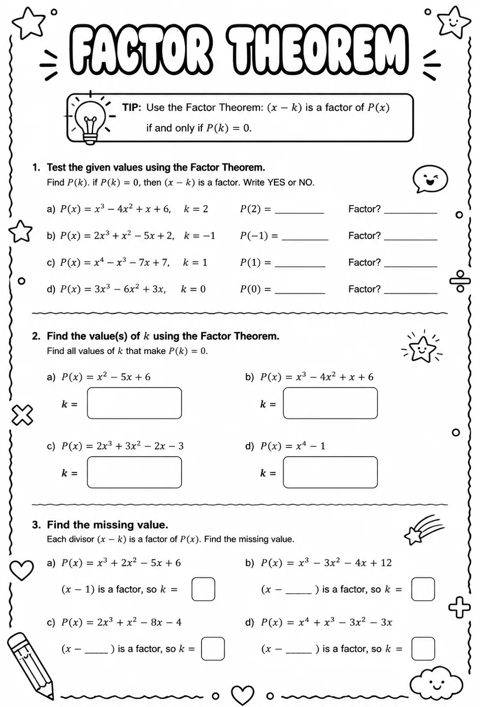 Factor theorem — free printable Precalculus math worksheet