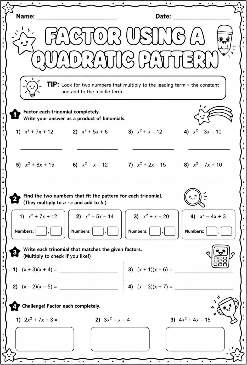 Factor using a quadratic pattern — free printable Algebra 1 math worksheet