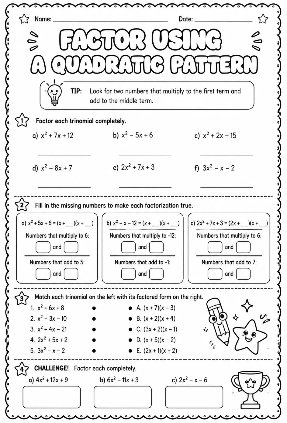 Factor using a quadratic pattern — free printable Algebra 2 math worksheet