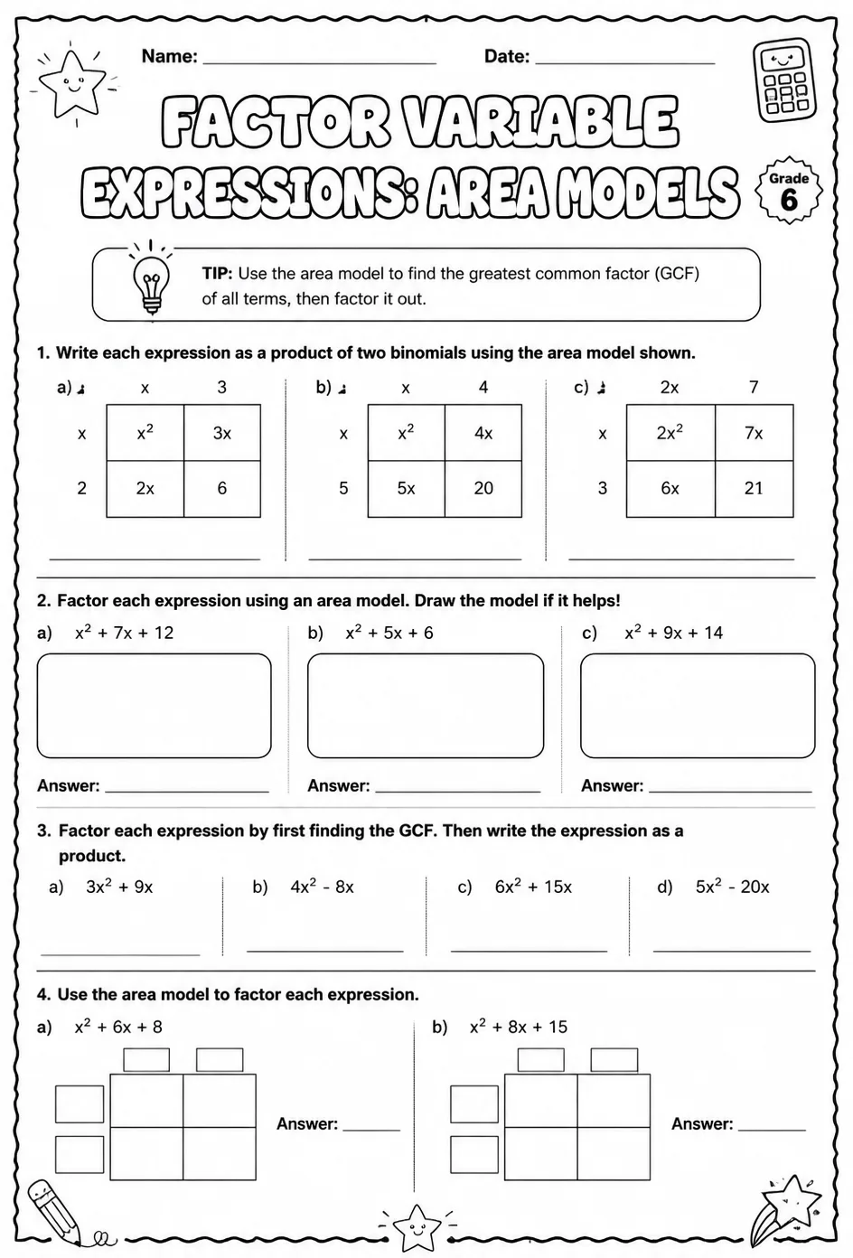 Factor variable expressions: area models — free printable Grade 6 math worksheet