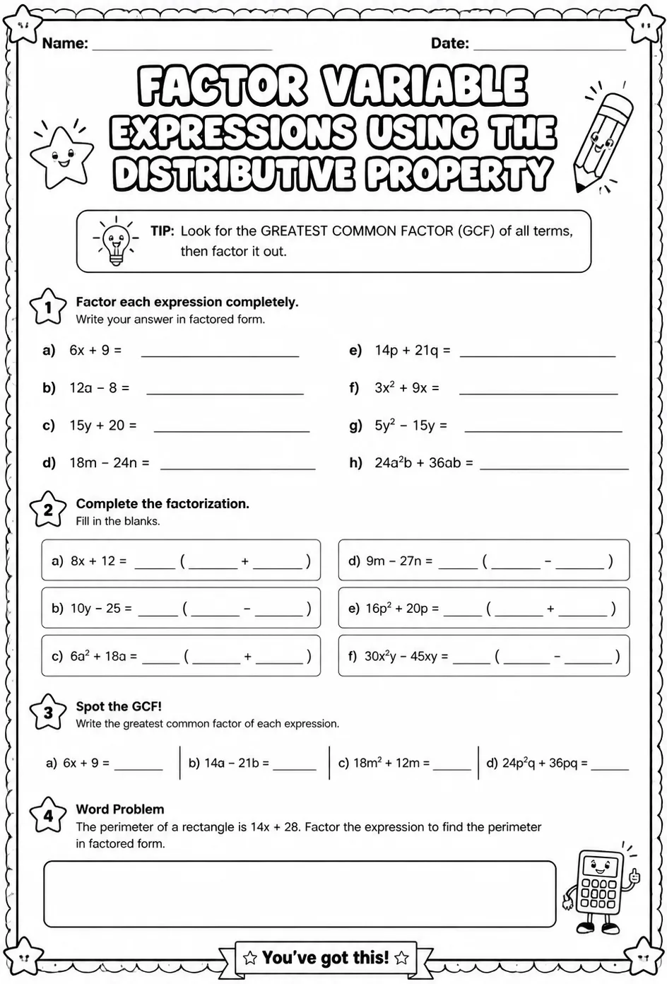 Factor variable expressions using the distributive property — free printable Grade 6 math worksheet