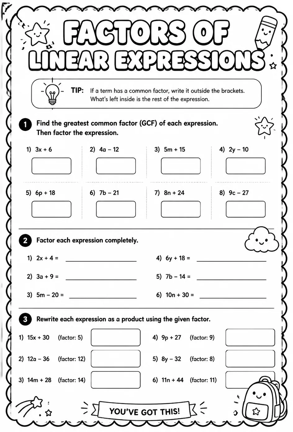 Factors of linear expressions — free printable Grade 7 math worksheet
