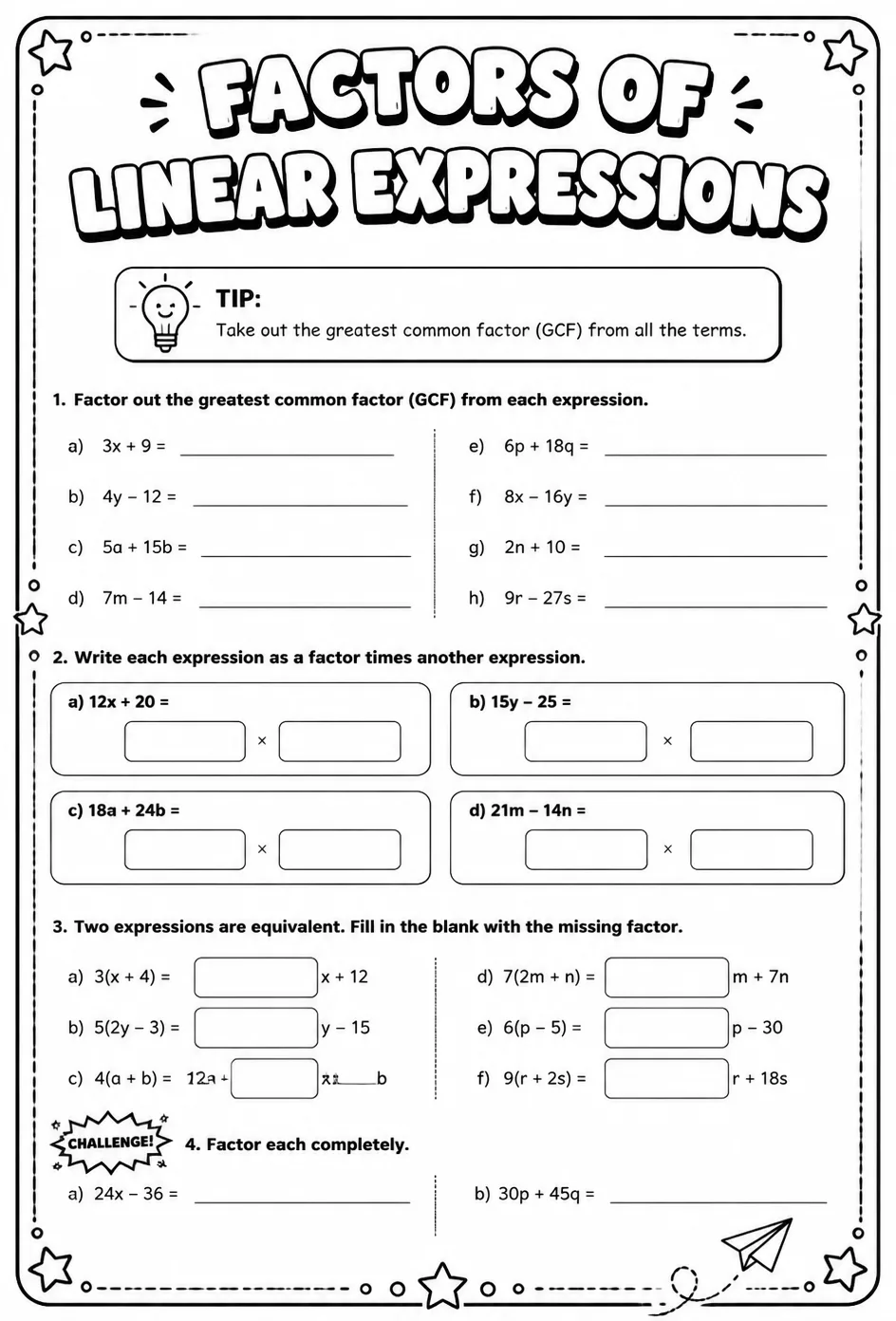 Factors of linear expressions — free printable Grade 8 math worksheet