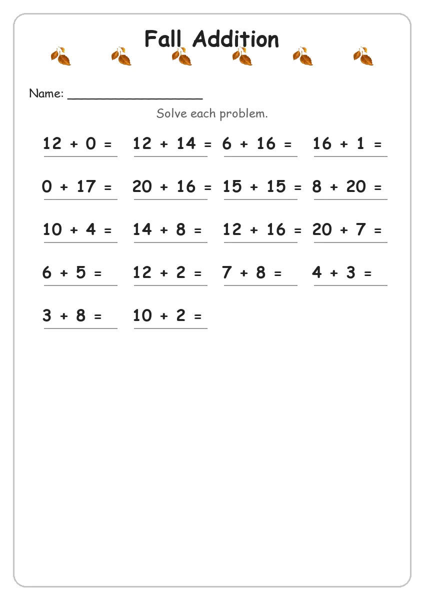 Fall addition worksheet for Grade 2