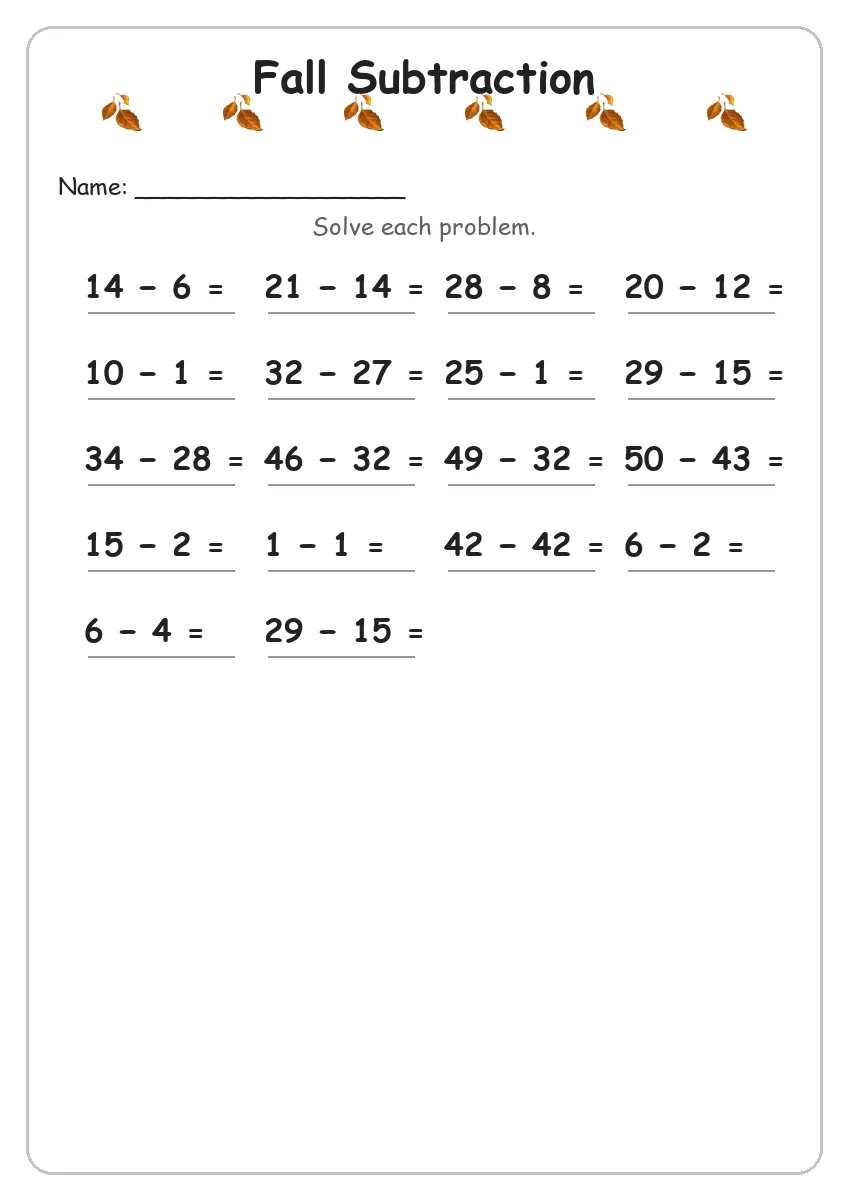 Fall subtraction worksheet for Grade 2