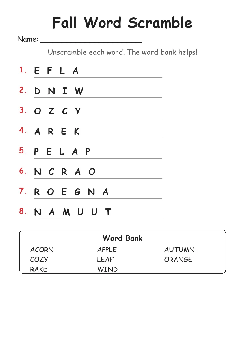 Fall word scramble worksheet for Grade 1