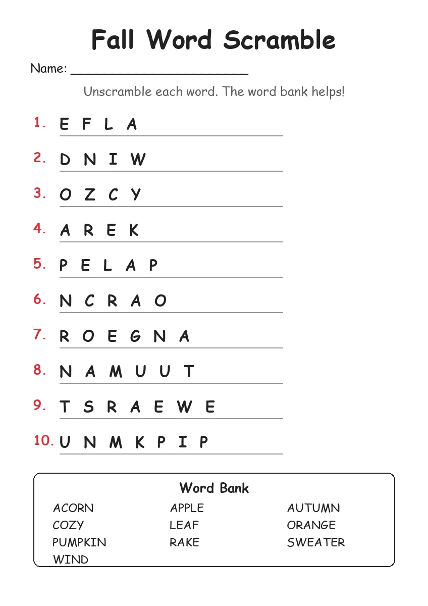 Fall word scramble worksheet for Grade 3